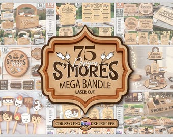 75 S'mores Dekor Laser geschnitten Mega Bundle, 3D Schilder svg, Tiered Tablett Laserschnitt, Geschenkanhänger aus Holz, S'mores Station Boxes, Wanddekor Laserschnitt