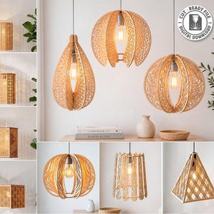 May include: A collection of ten laser-cut wooden lamp designs, including pendant lights and wall sconces. The lamps feature intricate patterns and are illuminated with warm light bulbs. The image also includes the text "CUT READY FILE DIGITAL DOWNLOAD".