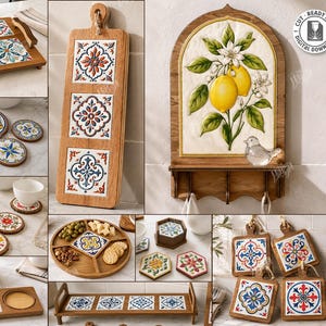 May include: A digital collection of 10 laser cut designs for wooden home decor, including serving trays, coasters, and wall shelves with tile-style patterns. The files are available in CDR, SVG, PNG, DXF, PDF, and EPS formats for 6mm and 3mm material widths.