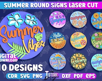 Letreros redondos de verano 3D / Letrero redondo de vacaciones en capas cortado con láser / Colgador de puerta de verano SVG / Letrero redondo de verano SVG / Colgador de puerta redondo cortado con láser