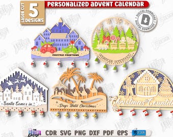 3d Christmas personalized advent calendars laser cut bundle, wooden family advent calendars, Xmas wall decor, Christmas village laser cut