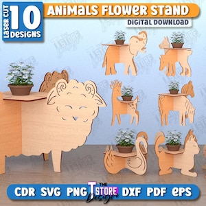 May include: Ten digital download designs for laser cut animal flower stands. The designs include a sheep, elephant, swan, cat, llama, deer, and more. Each design features a small platform for a flower pot.