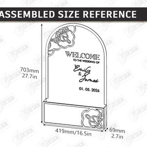 May include: A laser-cut wedding welcome sign with an arched top and rectangular base. The sign is 27.7 inches tall and 16.5 inches wide. It features floral corner designs and the text "WELCOME TO THE WEDDING OF Emily & James 01.05.2026."