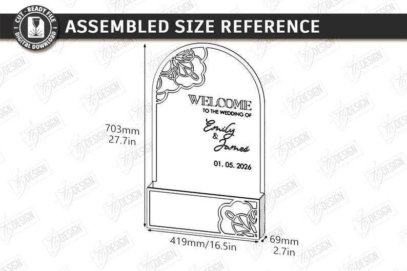 May include: A laser-cut wedding welcome sign with an arched top and rectangular base. The sign is 27.7 inches tall and 16.5 inches wide. It features floral corner designs and the text "WELCOME TO THE WEDDING OF Emily & James 01.05.2026."
