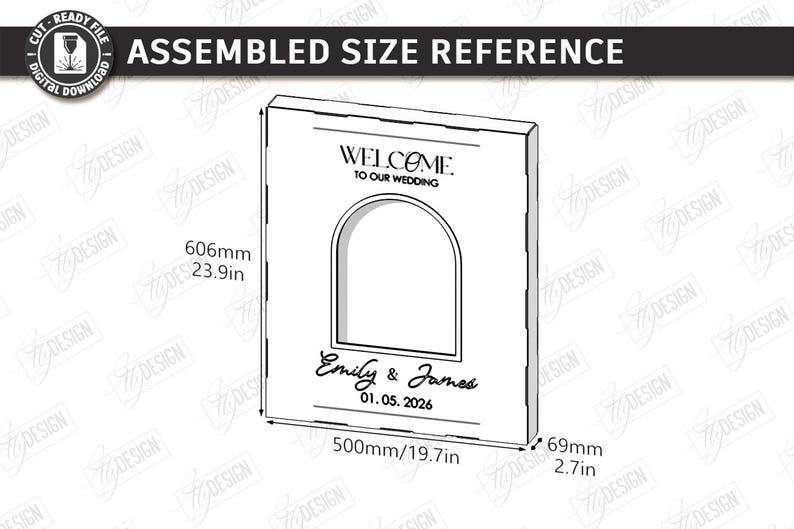 May include: A rectangular wedding sign with an arched cutout, featuring the text "WELCOME TO OUR WEDDING", names, and a date. Dimensions are 23.9 inches high, 19.7 inches wide, and 2.7 inches thick.