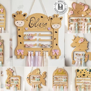 Conjunto de porta-laços cortado a laser, porta-acessórios infantil personalizado, suporte para tiaras, suporte de parede para laços de bebê, decoração para quarto de bebê, organizador de laços para pendurar.