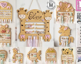 Bow holder laser cut bundle, personalized kids accessory holder, headband hanger, baby wall bow rack, nursery decor, hanging bow organizer