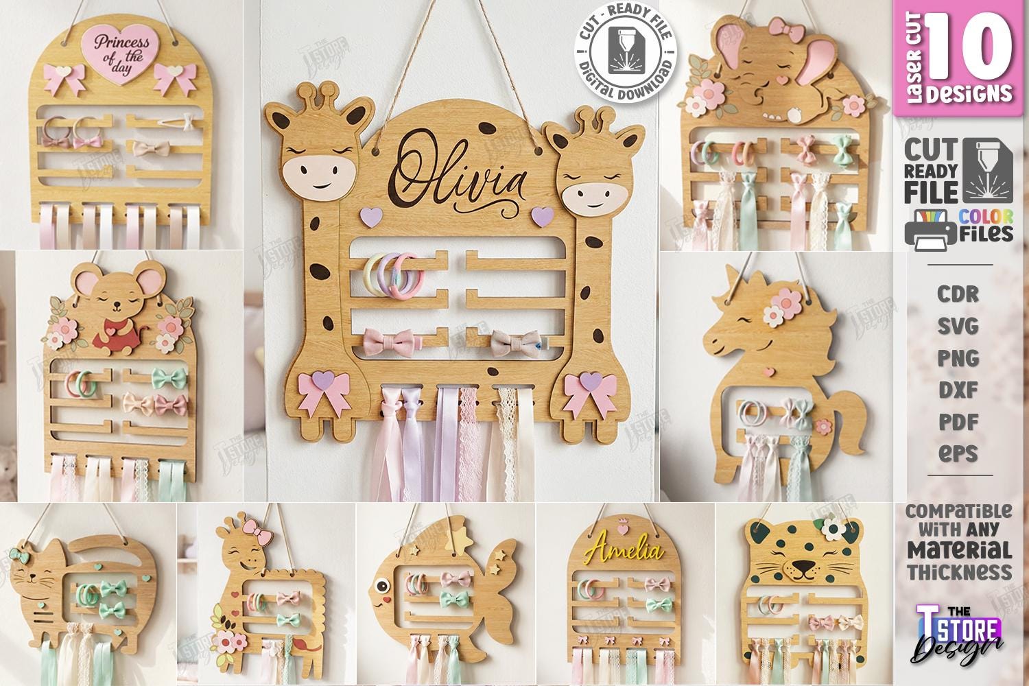 LoDrid Borsa Porta Accessori Per Capelli Bambine – Organizer Da Appendere Con Ganci, Reti E Paillettes – Per Fermagli, Elasti E Fiocchi – Rosa, 30x13x19 Cm - 4