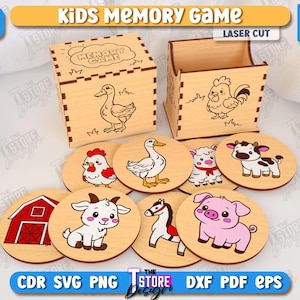 Kids memory game laser cut, farm animals svg, kids board game, matching game, montessori game, memory game with holder box, educational toy