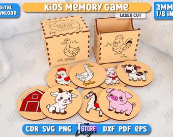Kids memory game laser cut, farm animals svg, kids board game, matching game, montessori game, memory game with holder box, educational toy