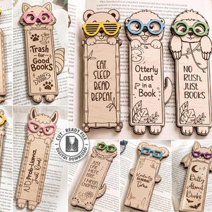 May include: A collection of ten laser-cut wooden bookmarks featuring various animal characters wearing colourful glasses. Each bookmark includes engraved text such as Just One More Honk, Trash for Good Books, Eat Sleep Read Repeat, Otterly Lost, and No Rush Just Books.