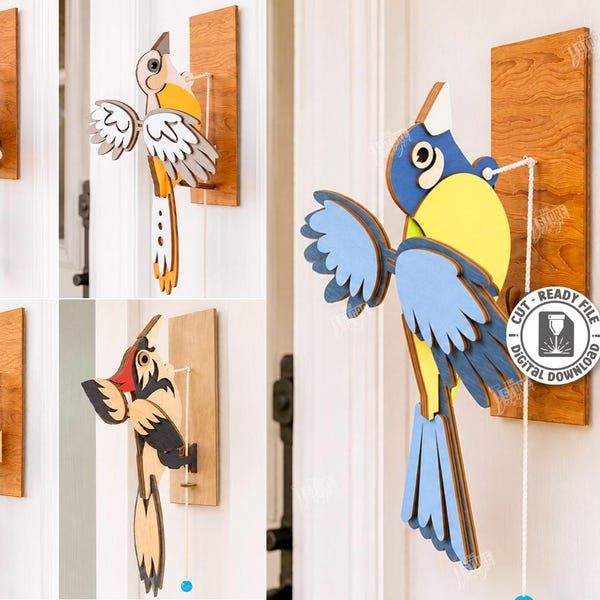 Kinetic Bird Doorbell Laser Cut File - Wooden Pull String Door Chime - Interactive Bird Wall Decor - Parrot Doorbell svg
