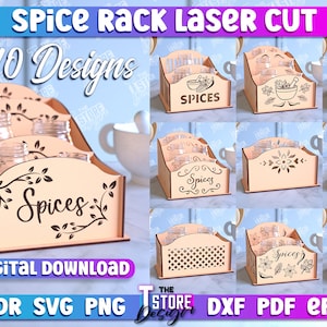 Puede incluir: Diez diseños diferentes para un estante de especias para cortar con láser. Los diseños incluyen una variedad de patrones y texto, como "Especias" y "Picante". El archivo está disponible para descarga digital en los formatos CDR, SVG, PNG, DXF, PDF y EPS.