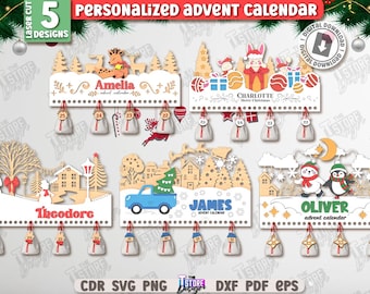3d Christmas personalized advent calendars laser cut bundle, family decor, Days until Xmas calendar board laser cut, hanging countdown signs
