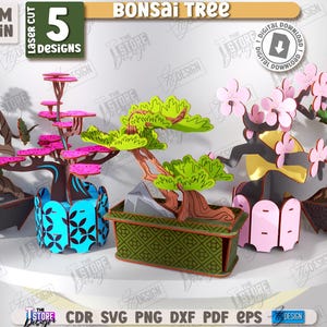Peut inclure: Présentation de cinq modèles de bonsaïs découpés au laser. Les arbres présentent des détails complexes, avec des couleurs variées, notamment le vert, le rose et le marron. Le texte "BONSAI TREE" est visible. Les modèles font 3 mm d'épaisseur.