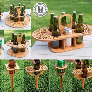 Könnte beinhalten: Verschiedene Designs von Holzhaltern für Bierflaschen und Snacks. Enthält einen Mehrfachflaschenträger, ein rundes Serviertablett und einzelne Erdspieße. Der Text "CUT READY FILE DIGITAL DOWNLOAD" ist ebenfalls enthalten.
