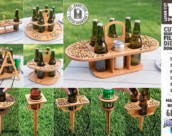 3D ölburk svg - Picknickbordshållare laserskuren - Träflaskhållare Glowforge - Utomhusölflaskhållare, present till pappa