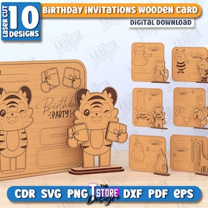 Birthday Invitations Wooden Cards Laser Cut Bundle, Happy Birthday Pop Up Card SVG, Greeting Card SVG, 3D Birthday Cards SVG, Standing Card