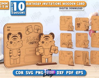 Bundle de cartes en bois découpées au laser d'invitations d'anniversaire, joyeux anniversaire carte pop-up SVG, carte de voeux SVG, cartes d'anniversaire 3D SVG, carte debout