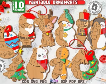 Printable Christmas ornaments laser cut bundle, cute Xmas ornament svg, Christmas characters svg, kids coloring kits svg, paint ornaments