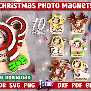 クリスマスフォトマグネットバンドル、マグネットまたはバイザークリップ、クリスマス木製装飾、クリスマスギフト、写真フレーム、冷蔵庫マグネット SVG、クリスマスマグネット