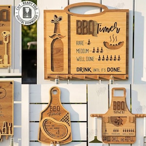 May include: Wooden BBQ timer signs with various designs, including a bottle with a mustache and sombrero, and an apron-shaped sign. The signs feature text like "Rare, Medium, Well Done" and "Drink Until It's Done."
