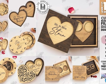 May include: A collection of laser-cut wooden designs, including heart-shaped ring boxes and decorative coasters. Some pieces feature engraved text like "Mr & Mrs Stoun" and "The Beginning of Forever". The designs are suitable for weddings.