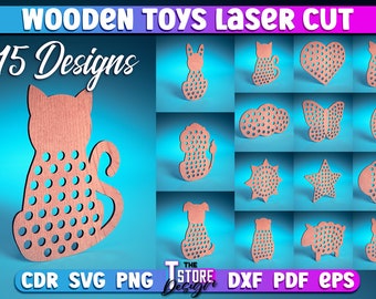 May include: A set of 15 wooden toy designs for laser cutting. The designs include a cat, a heart, a butterfly, a moon, a sun, a star, a fish, a sheep, a dog, and a cloud. The designs are all in a light brown color and have a dotted pattern.
