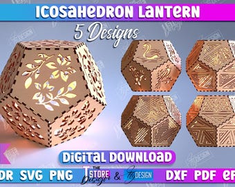 Icosahedron Lantern lasercut, wood triangle shadow lamp, Tea light candle holder bundle, 3D Wooden Lanterns, Icosahedron Lantern, Home Decor