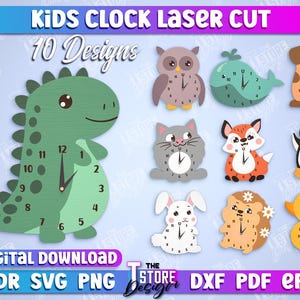 以下が含まれることがあります： レーザーカットされた子供用時計のデジタルデザイン10点。デザインには、恐竜、フクロウ、魚、猫、キツネ、ペンギン、ハリネズミ、アヒルなど、さまざまな動物が描かれています。各デザインには、数字と針のある時計の文字盤が含まれています。