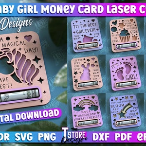 Baby Geld Karte Lasercut Bundle, Es ist ein Mädchen Geld Halter, 3d Kinder Spardose Lasercut, Kinder Banknotenhalter, Geldgeschenk Bargeld Halter