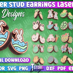 May include: 20 digital designs for laser cut Easter stud earrings. The designs include bunnies, chicks, eggs, carrots, and other Easter-themed elements. The designs are in a variety of colors, including pink, blue, green, yellow, and orange.