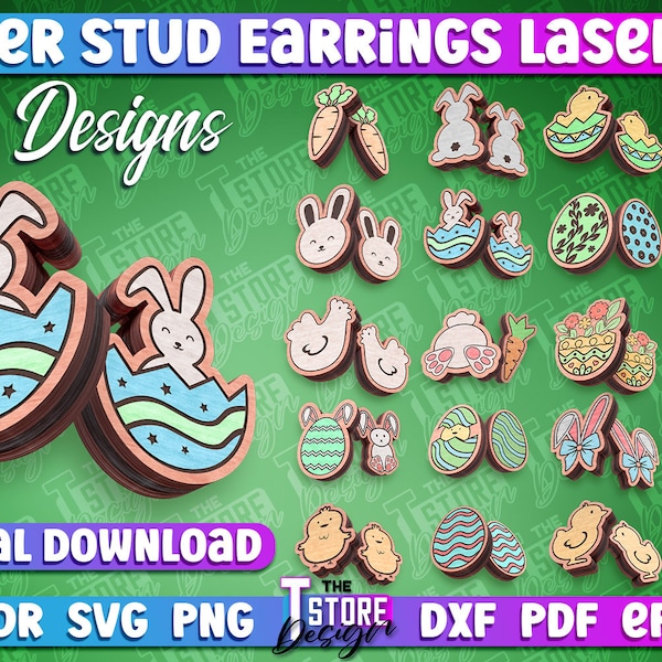 Pendientes de perno de Pascua Corte láser / Pendiente de perno SVG / Pendiente de perno cortado con láser de Pascua / Glowforge Stud SVG / Pendientes de perno de conejito de Pascua Corte láser