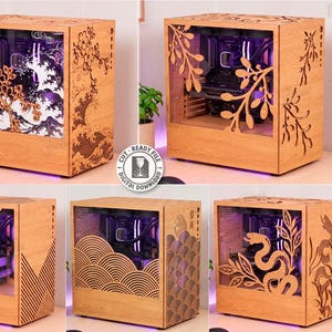 May include: A collection of five laser-cut wooden computer case panels featuring intricate designs including cherry blossoms, ocean waves, geometric patterns, and a snake. The digital files are compatible with 6mm material width.