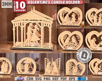 3d Valentines candle holder laser cut bundle, Heart candle holder laser cut, romantic couple tea light candle holders, love lamp laser cut