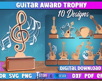 Pacote SVG de troféu de prêmio de guitarra cortado a laser, design SVG de troféu de prêmio de acrílico de guitarra, pacote de suportes para partituras de troféu de prêmio cortado a laser, prêmio de música 3D