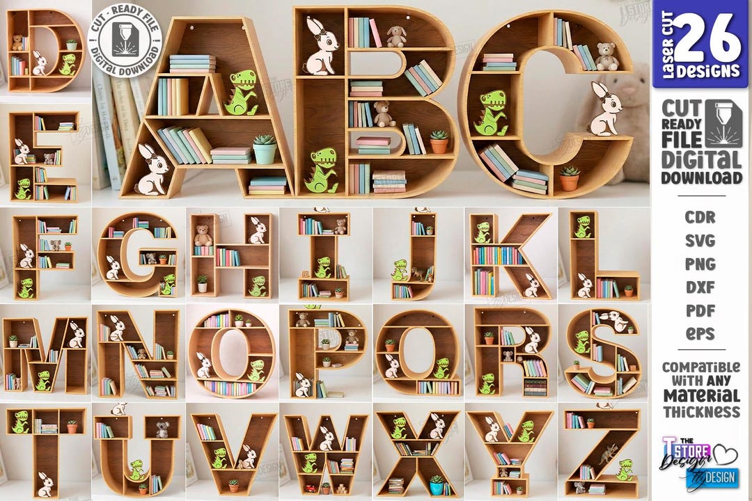 Wooden Alphabet Letter Bookshelf Laser Cut Bundle, Vertical Bookcase ...