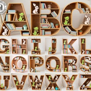 Wooden alphabet letter bookshelf laser cut bundle, vertical bookcase, kids room monogram wall decor, custom name bookshelf, digital download