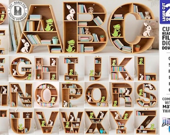 Ensemble découpé au laser d'étagère de lettre de l'alphabet en bois, bibliothèque verticale, décoration murale de monogramme de chambre d'enfants, étagère de nom personnalisée, téléchargement numérique