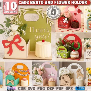 以下が含まれることがあります： さまざまなデザインの、レーザーカットされたケーキ弁当とフラワーホルダーのコレクション。ホルダーは木製で、リボン、花、テキストなどの装飾的な要素が特徴です。デザインには、誕生日、記念日、休日のテーマが含まれています。