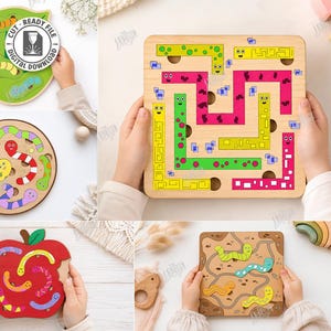 Könnte beinhalten: Eine Sammlung von fünf lasergeschnittenen Holzpuzzle-Designs mit bunten Würmern in verschiedenen Formen, darunter ein Blatt, ein Kreis, ein quadratisches Labyrinth, ein Apfel und ein Erdfleck, mit Dateiformaten wie CDR, SVG, PNG, DXF, PDF und EPS.