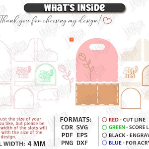May include: A digital design for laser cutting, featuring a pink and tan tote bag design with a floral motif. Includes cut lines, score lines, and engraving details. The material width is 4 mm.