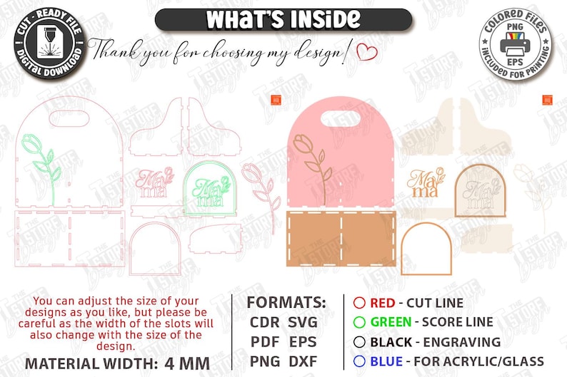 May include: A digital design for laser cutting, featuring a pink and tan tote bag design with a floral motif. Includes cut lines, score lines, and engraving details. The material width is 4 mm.