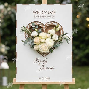 May include: A white wedding welcome sign on an easel. The sign features a wooden heart-shaped design with a floral arrangement of white and cream roses, greenery, and the names "Emily & James" with the date 01.05.2026.