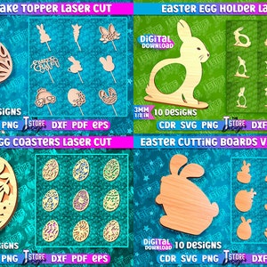 May include: A digital download of 10 laser cut designs for Easter decorations. The designs include cake toppers, egg holders, coasters, and cutting boards. The designs are available in CDR, SVG, PNG, DXF, PDF, and EPS formats.