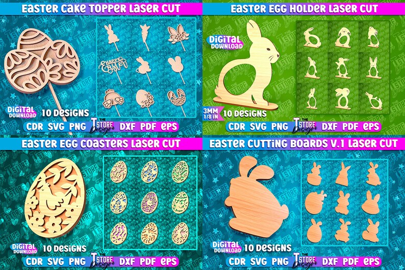 May include: A digital download of 10 laser cut designs for Easter decorations. The designs include cake toppers, egg holders, coasters, and cutting boards. The designs are available in CDR, SVG, PNG, DXF, PDF, and EPS formats.