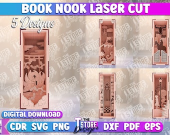 Book Nook SVG Design | Laser Cut Files | 3D Book Nooks Bundle| Book Shelf Decor Glowforge | Miniature Book Nook Shelf Insert | CNC Files