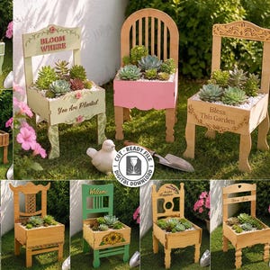May include: A collection of ten laser-cut chair-shaped wooden planters designed for succulents. Each planter features unique decorative cutouts, text like 'Bloom Where You Are Planted' or 'Bless This Garden', and a 3mm material width specification.