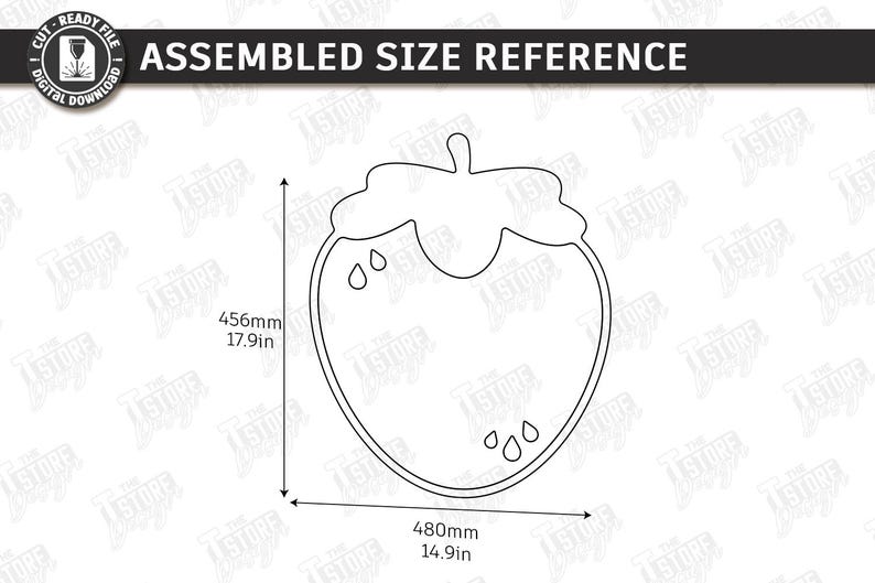 May include: A line drawing of a strawberry with dimensions. The strawberry outline is 17.9 inches (456mm) tall and 14.9 inches (480mm) wide. The text "ASSEMBLED SIZE REFERENCE" is at the top.