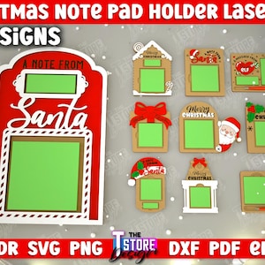 May include: Ten designs for laser cut Christmas note pad holders. The designs feature a variety of Christmas themes, including Santa, elves, and Christmas trees. The note pad holders are all made of wood and are perfect for adding a festive touch to any home.